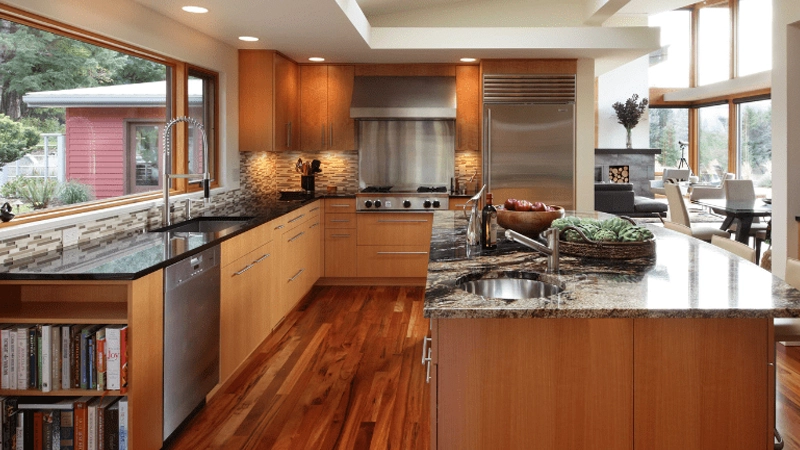 طراحی آشپزخانه با دیوارپوش و کفپوش‌های مدرن